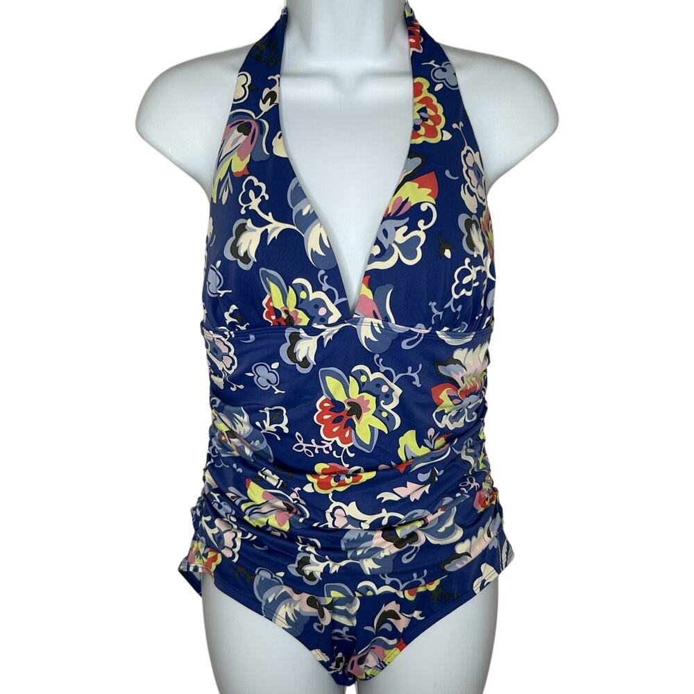Boden One-Piece Swimsuit Size 10 Blue Floral Halter Ruched Sides
